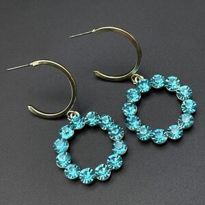 Yellow Gold with Aquamarine Blue Crystal Dangling Drop Hoop Post Back Earrings